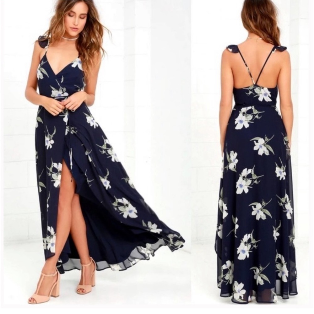 Lulu's All Mine Navy Blue Floral Slit Wrap Maxi Dress XS Wedding
